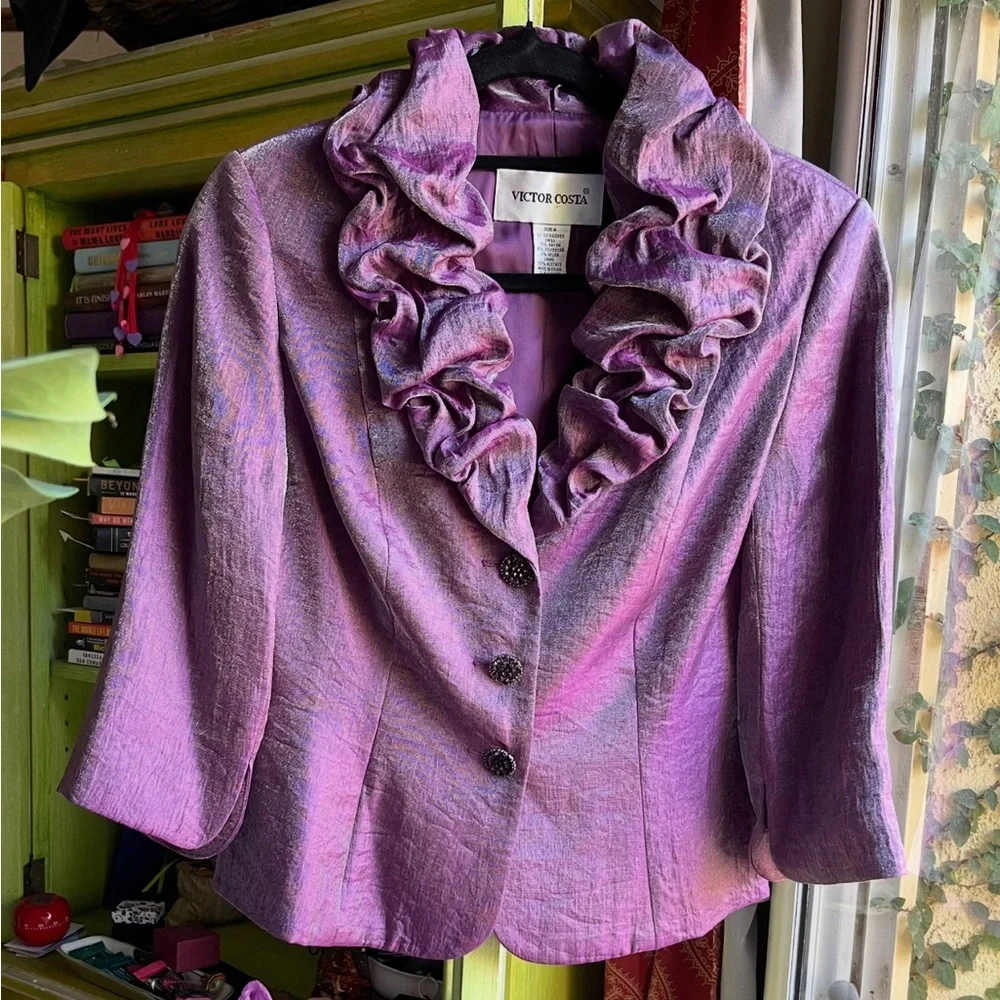VICTOR COSTA Iridescent Ruffle Blazer Purple Shimmer Women’s Sz 4